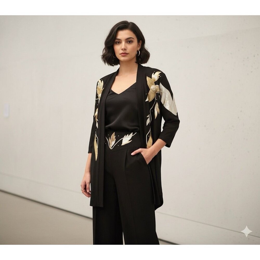 Vtg 80s Carabella‎ Black Gold Floral Jacket Pant Set Women’s XL Retro Outfit